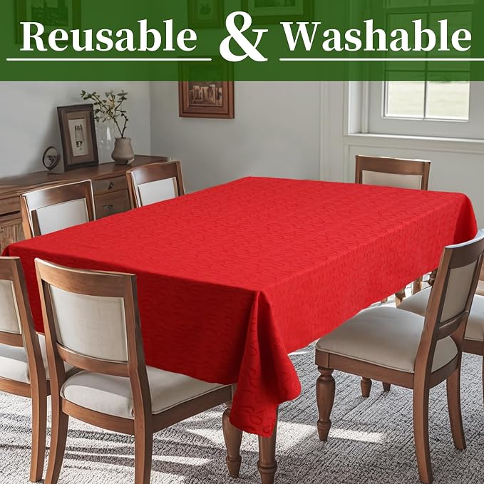 Premium Holiday Tablecloth 60 x 84 inch (6-8 Seat), Table Cloths for 6 Foot Rectangle Tables, Cotton-Polyester Blend, Table Cover for Celebration & Wedding, Red with Bow Ties Jacquard (1 Pack) - Image 2