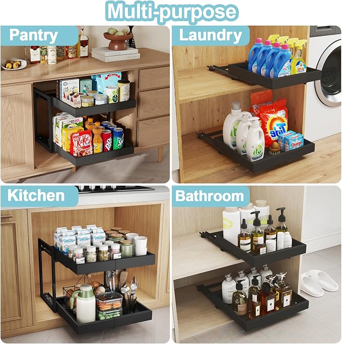2-Tier Expandable Pull Out Cabinet Organizer, Cabinet Drawers, 16"D | Cabinet Pull Out shelves, Adjustable Pantry Drawers, Slide Out Drawers for Kitchen Cabinets, Under Sink Organizer, Black - Image 7