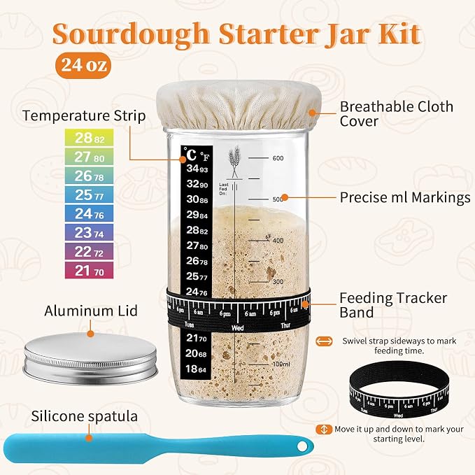 Aliggbent 40Pcs Sourdough Starter Kit, Banneton Proofing Baskets, Scale Jar | Bread baking supplies cutting board knife, 24oz digital, round oval, danish whisk lame sling scraper bags dough tools liners - Image 4