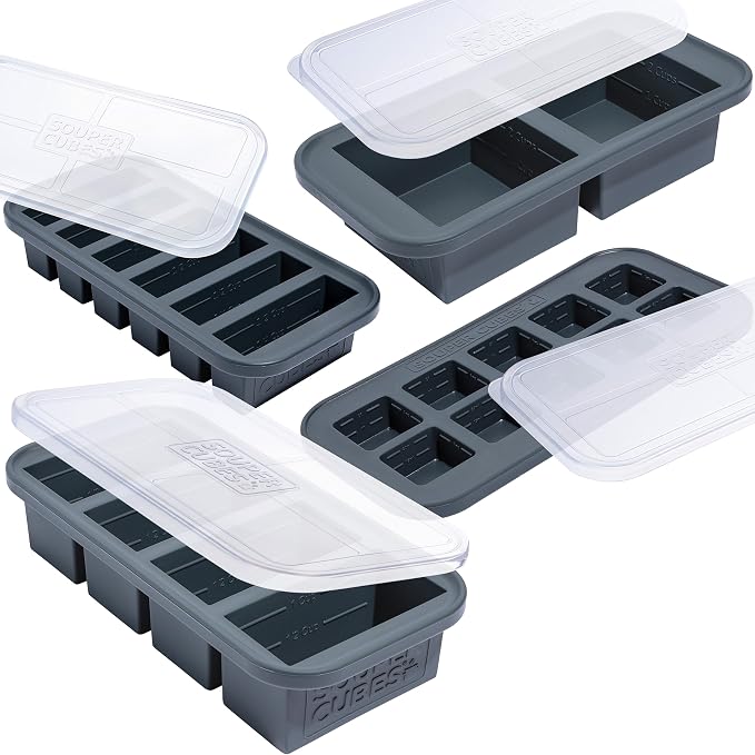 Souper Cubes Silicone Freezer Molds Gift Set, Charcoal | 2 Tbsp, 1/2 Cup, 1 Cup and 2 Cup Silicone Molds for Food Set, Perfect for Freezing Soup, Grains, Proteins, Herbs and More by SouperCubes%C2%AE