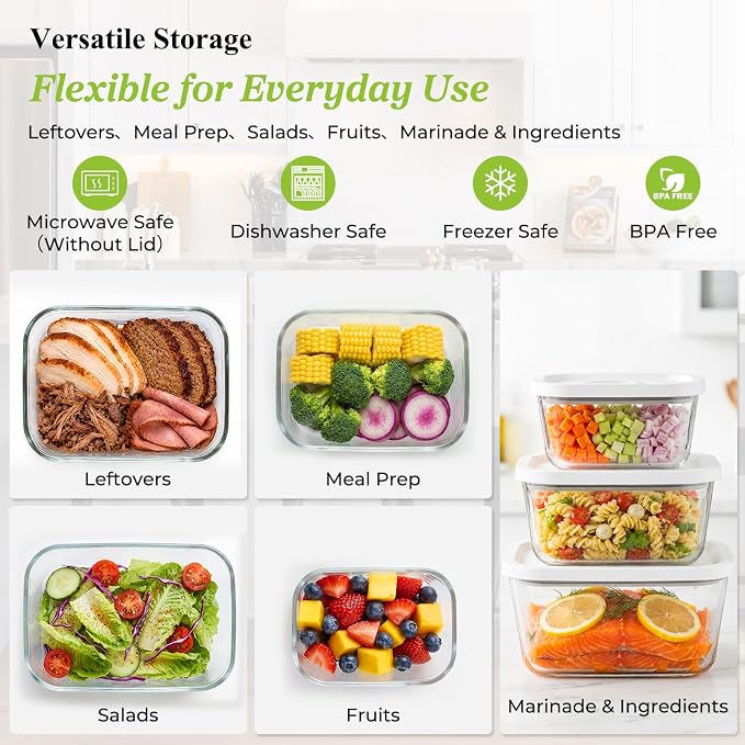URPOWER Glass Vacuum Seal Containers for Food Storage, 3PCS Set with Lids | 3PCS(16/27/47 fl oz), Airtight Food Storage Containers Stackable for Leftovers, Meal Prep, Refrigerator, Freezer and Pantry - Image 5