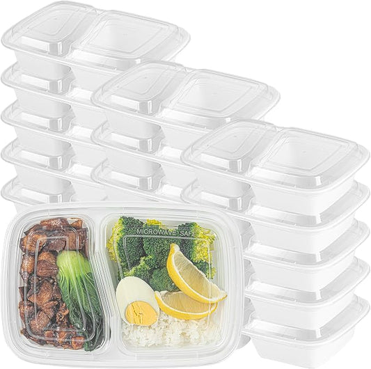 Asporto 32 Ounce Compartment Take Out Boxes, 100 Microwavable Meal Prep Containers - 2 Compartments, With Clear Plastic Lids, White Plastic Food Containers, Do Not Contain BPA - Restaurantware by Restaurantware