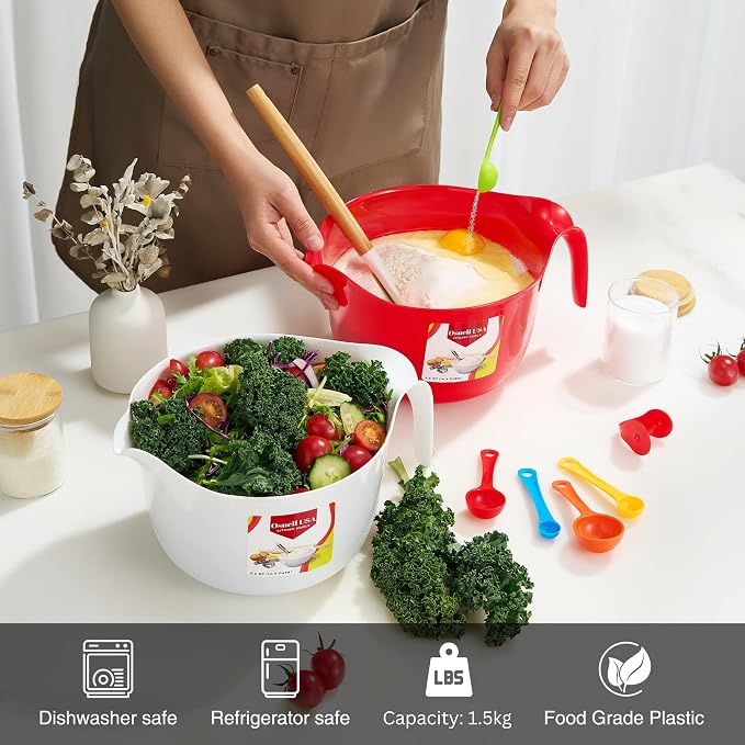 9 Pc Large Mixing Bowls with Handles, 3.6 qt - Plastic Nesting Bowls for Kitchen, Lightweight Batter Bowls, Easy to Clean (Includes: 4 Mixing Bowls + 5 Measuring Spoons Set) - Image 3