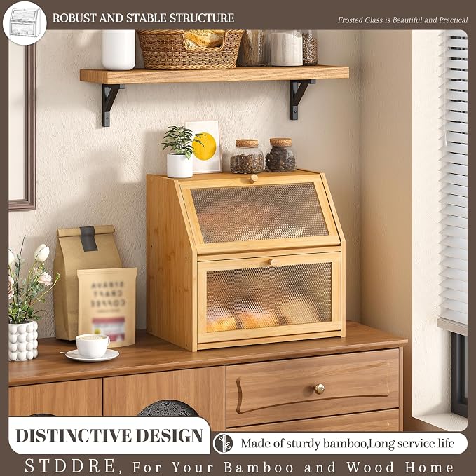 STDDRE Bread Box for Kitchen Countertop Bin Double Layer Bread Box Storage Container Extra Large Capacity with Diamond Pattern Windows (Natural, Extra Large) - Image 2