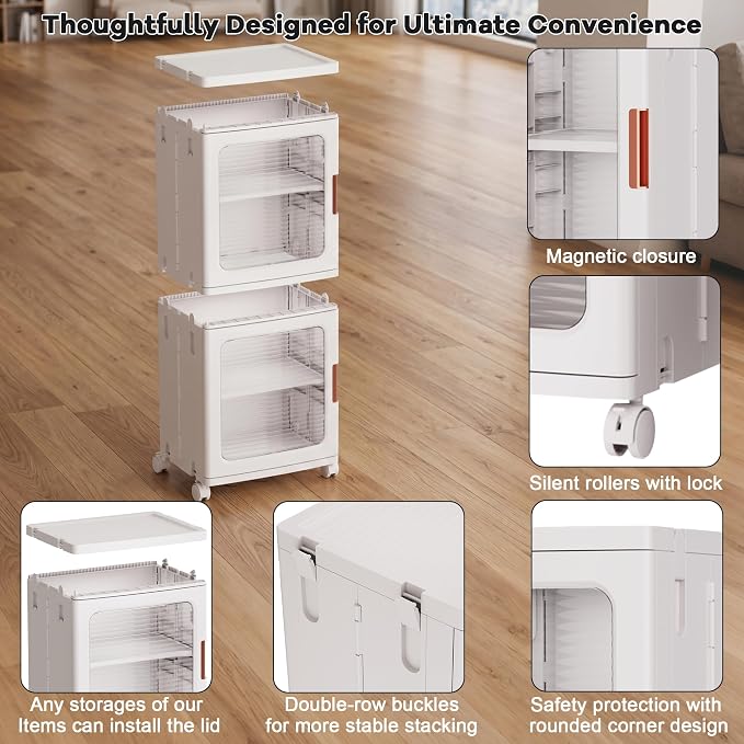 4-Tier Tall Narrow Plastic Storage Cabinet, Foldable | Rolling Organizer with Lid,4 Doors,2 Adjustable Shelves,Stackable,Durable PP,Freestanding Bathroom Cabinet for Slim Space - Image 4