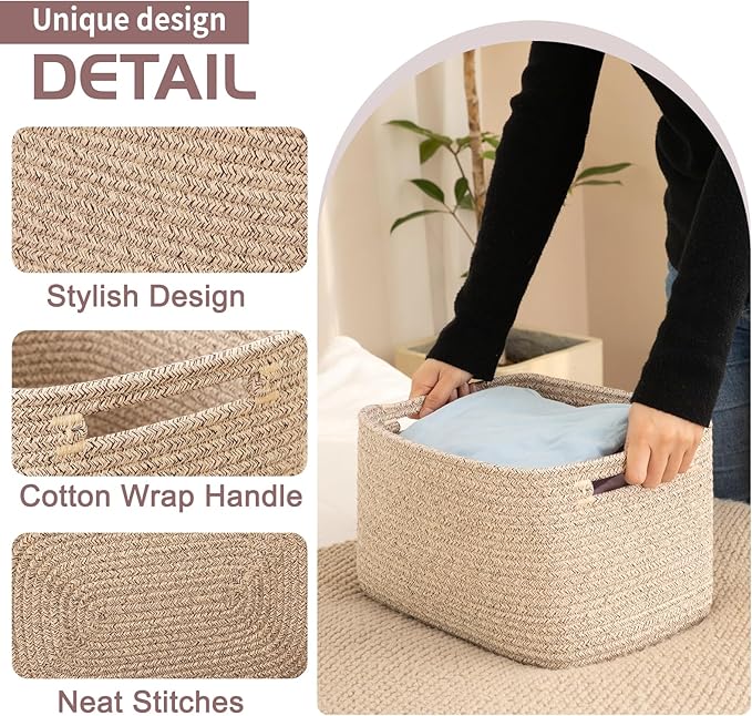 OIAHOMY 4 Pack Storage Baskets for Organizing, Cube Storage Bins for Shelves, Rectangle Storage Baskets With Handles, Woven Baskets for Storage, 16''Lx12''Wx8''H, Brown - Image 3