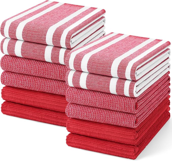 Homaxy Cotton 380 GSM Premium Kitchen Towels, 18"x 28", 12 Pack, Red | Soft and Absorbent Terry Dish Towels, Multipurpose Tea Towel Set with Hanging Loop, 3 Styles Kitchen Hand Towels by Homaxy