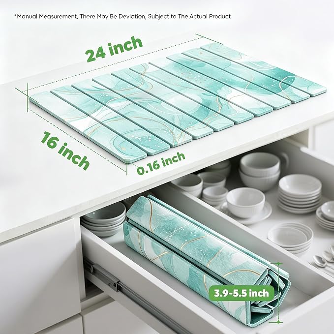 Stone Drying Mat for Kitchen Counter, Quick Diatomaceous Earth Mats for Dishes, 24"L x 16" W Super Absorbent Fast-Drying Collapsible Countertop Stone Mat (Marble White Green-01, 24" x 16") - Image 2