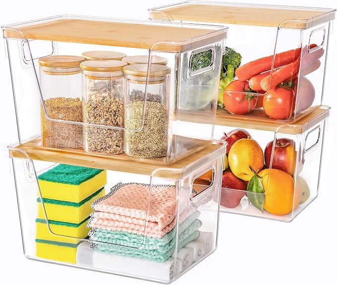 4 Set Pantry Organizers and Storage with Bamboo Lids, Stackable Clear Bins for Onion, Potato, Fruit, Vegetables, Trash Bag Dispenser, Kitchen and Under Sink Organizer by Criusia