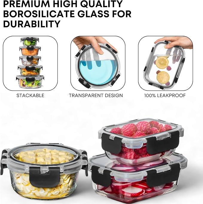 Razab 30 PC Glass Food Storage Containers with Lids - Reusable Glass Meal Prep Containers for Lunch and Leftovers - Airtight & Leakproof Snap Locking Lids - Oven, Freezer, Microwave, Dishwasher Safe - Image 7