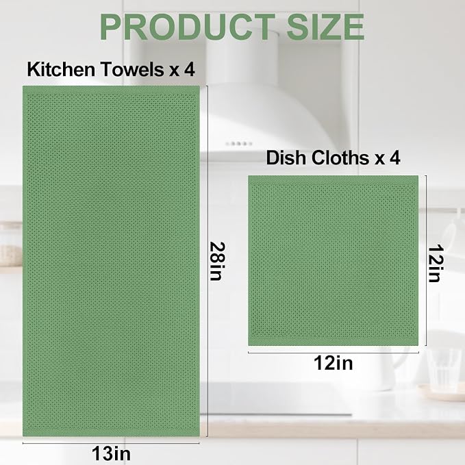 Homaxy 8 Pack 100% Cotton Kitchen Towels and Dishcloths Set, Grass Green | 12 x 12 Inches and 13 x 28 Inches Kitchen Towels Set, Ultra Soft Absorbent Dish Cloths for Washing Dishes - Image 4