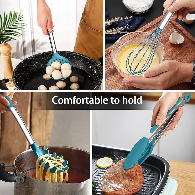 LIANYU 15-Piece Kitchen Cooking Utensils Set with Holder | Silicone Kitchen Tools Stainless Steel Handle, Slotted Spatula Spoon Turner Tong Whisk Brush for Cooking, Dark Blue - Image 4