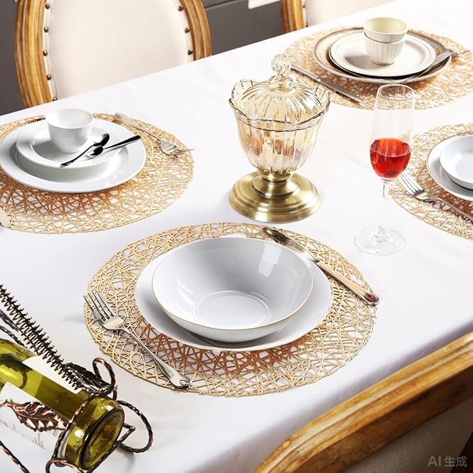 Sieral 24 Packs Gold Round Placemats 15 Inch Hollow Out Pressed Vinyl Place Mats Heat Resistant Woven Gold Placemats for Christmas Dinner Table Winter Holiday Party Wedding Centerpiece Decoration - Image 6