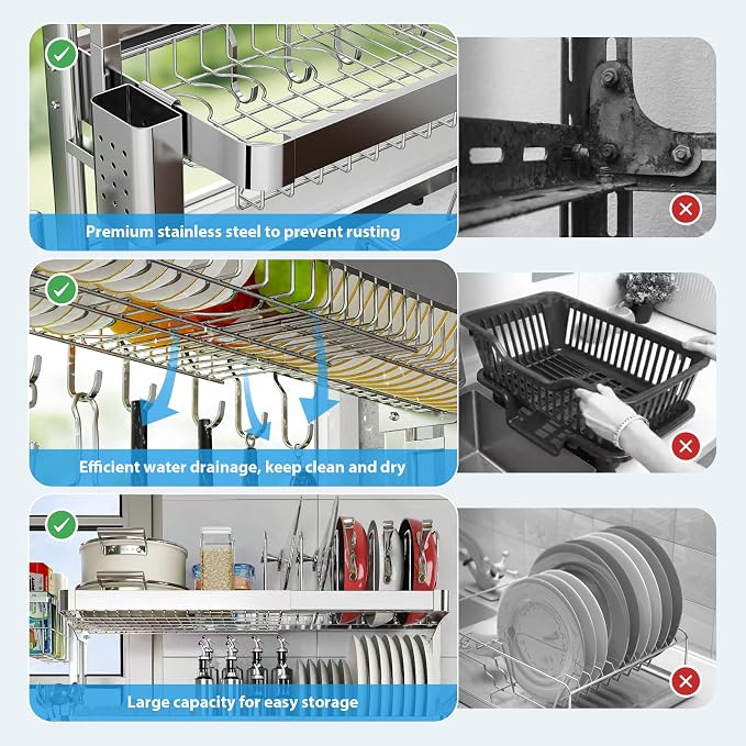 Over The Sink Dish Drainer Drying Rack, Full Stainless Steel 3-Tier Adjustable Length Over Sink Dish Drying Rack, Large Capacity Dish Rack Over Sink for Kitchen Counter, Pots & Pans Rack - Image 4