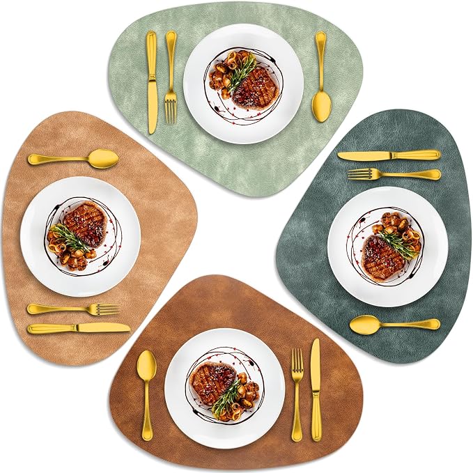 ADRIMER Placemats, Heat Resistant Round Placemats Set of 4 Washable 13 x 17 Inch, Waterproof Table Mats for Kitchen, Dining Room Table Christmas Decor, Turmeric Brown+Camel+Green+Blue by Adrimersdreamistobeanindispensablecompanioninyourlife