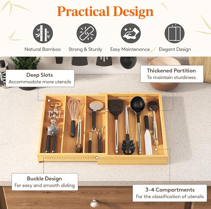 Lifewit Utensil Organizer for Kitchen Drawer, Expandable Cooking Utensil Tray, Cutlery Silverware Flatware Holder, Wood Adjustable Spatula Tools Storage Divider, 30-55 x 40cm, Natural - Image 5