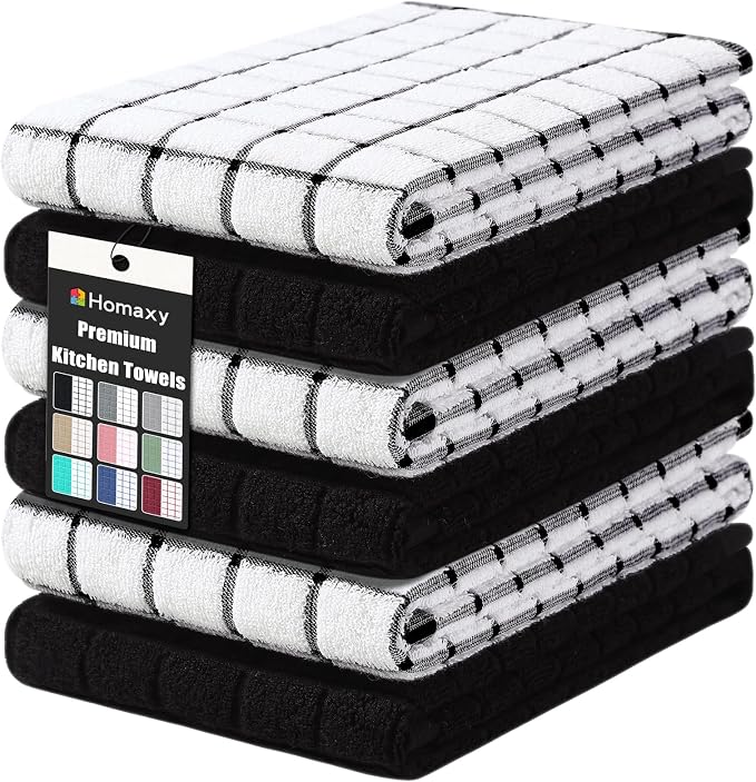 Homaxy Large Premium Cotton Kitchen Towels 16"x 28", 6 Pack, Black | Natural Ring Spun 390 GSM Dish Towels, Super Absorbent Terry Kitchen Hand Towels, Soft Tea Towels with Hanging Loop by Homaxy