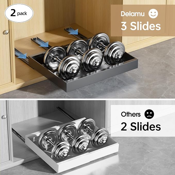 Delamu 16" Deep Pull Out Cabinet Organizer with 6 Dividers, Expandable (11.7 "-20" W) Pull Out Drawers for Cabinets, Cabinet Trays Pull Out for Cabinets in Kitchen, Pantry or Bathroom, Black, 2 Pack - Image 5