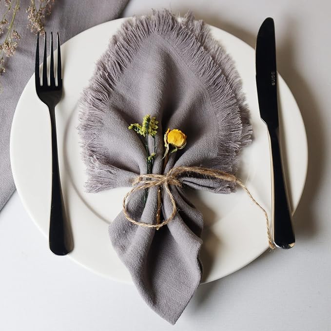 Handmade Cloth Napkins with Fringe,18 x 18 Inches Cotton Linen Napkins Set of 6 Versatile Handmade Square Rustic Fringe Napkins for Dinner, Wedding and Parties, Gray - Image 2