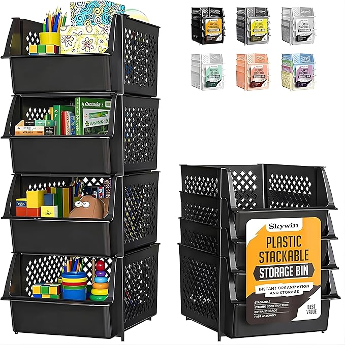 Skywin Stackable Storage Bins Open Front for Pantry Storage, 4 Pack - Black | Sturdy Plastic, Easy Stacking, Open Front Access, Ventilated Sides, Vertical & Space Saving Pantry Organizers and Storage Bin by Skywin