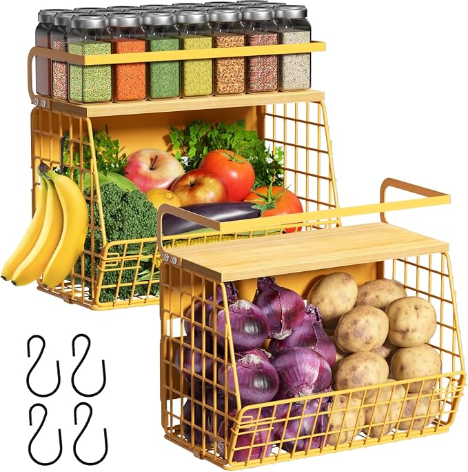 Magnetic Shelf for Fridge with Wood Lid, Fruit Potato and Onion Storage Bins, Pantry Organizers & Storage, Large Container Magnetic Spice Rack for Refrigerator, Kitchen Counter, Cabinet (Yellow, 2) by Ofiray-home