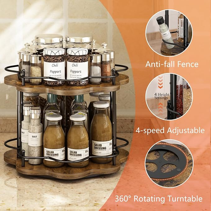 2 Tier Lazy Susan Organizer,2-Tier Spinning Spice Rack with Stable Carousel Base & 4 Height Settings for Cupboard Kitchen Countertop Dining Table Cupboard (Two-Ply(Petal Shape)) - Image 3