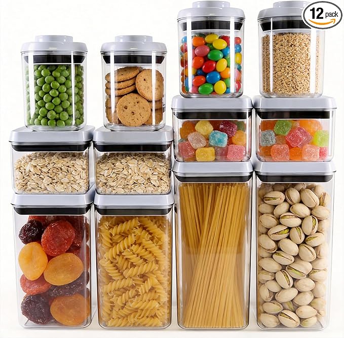 Pop Push Button Airtight Food Storage Containers 12 Pack | 4 Sizes: 0.65/0.7/1.8/2.4Qt, BPA-Free Clear Canisters for Pantry, Pasta, Cereal, Snacks, Coffee, Pet Food, Fridge by MiraFureBrand