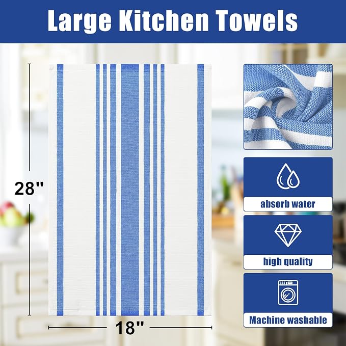Homaxy Premium Cotton Stripe Kitchen Towels 3 Pack, 18"x 28", Blueberry | Large 380 GSM Kitchen Hand Towels, Soft Terry Dish Towels, Highly Absorbent Tea Towel Set with Hanging Loop - Image 8