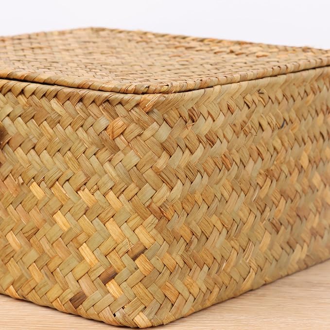 Moosky Wicker Shelf Baskets with Lid, Handwoven Seagrass Storage Basket Bins Square Gift Boxes for Shelves Home Decor Organizer (Natural, X-Small) - Image 3