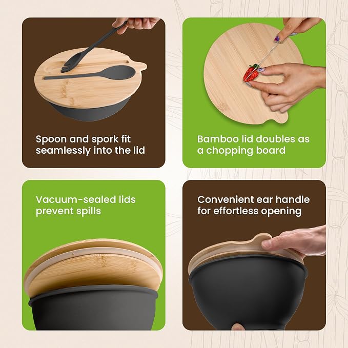 Bamboo Eco Salad Bowl Set - Set of 3 Salad Bowls Large with Seal Lid & Serving Utensils - Bamboo Fiber Bowl Set Perfect for Mixing, Serving, and Storage - Midnight Black - Image 5