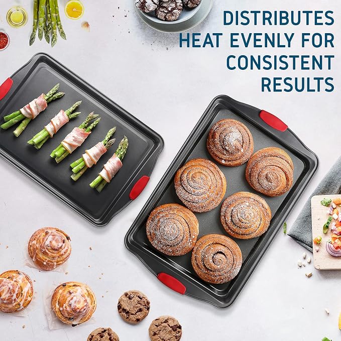 Baking Sheet, 2PC Cookie Sheet Set with Silicone Handles, Nonstick Steel Baking Pan, Baking Sheets for Oven, BPA Free Baking Pans Set, Cookie Sheets– Black Bakeware, Small & Medium - Image 7