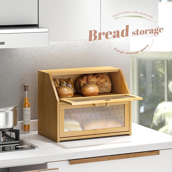 STDDRE Bread Box for Kitchen Countertop Bin Double Layer Bread Box Storage Container Extra Large Capacity Farmhouse with Diamond Pattern Windows (Natural, Large) - Image 5