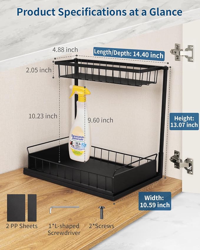 Under Sink Organizer,Metal Pull Out Kitchen Cabinet Organizer with Sliding Drawer,Sturdy Multi-Functional for Bathroom Organization,Black - Image 2
