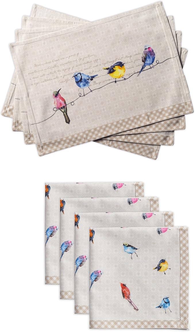 Maison d' Hermine Birdies on Wire Bundle Set 100% Cotton Set of 4 Napkins (20 Inch by 20 Inch) and Set of 4 Place Mats (13 Inch by 19 Inch) by MaisondHermine