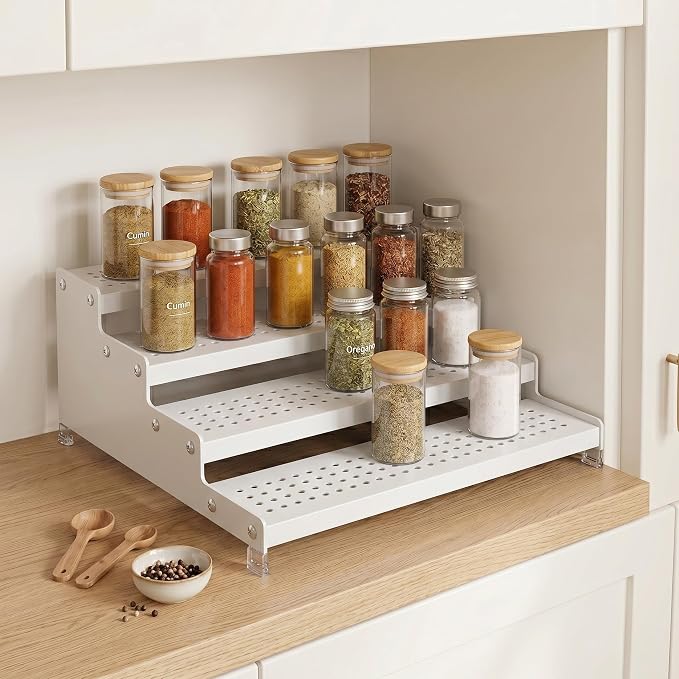 Expandable 4-Tier Spice Metal Shelf Rack, White | Kitchen Cabinet and Pantry Organizer, Countertop Storage, Seasoning Organizer, 1 Pack - Image 4