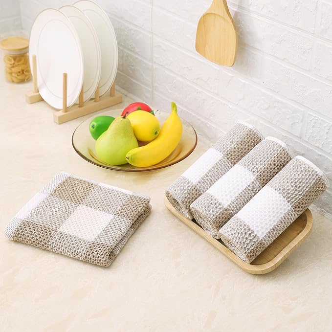 Homaxy Kitchen Towels and Dishcloths Set, Set of 12, White & Khaki | Bulk Cotton Waffle Weave Check Plaid Kitchen Towels, Super Soft and Absorbent Dish Cloths, 12 x 12 and 13 x 28 Inches - Image 8