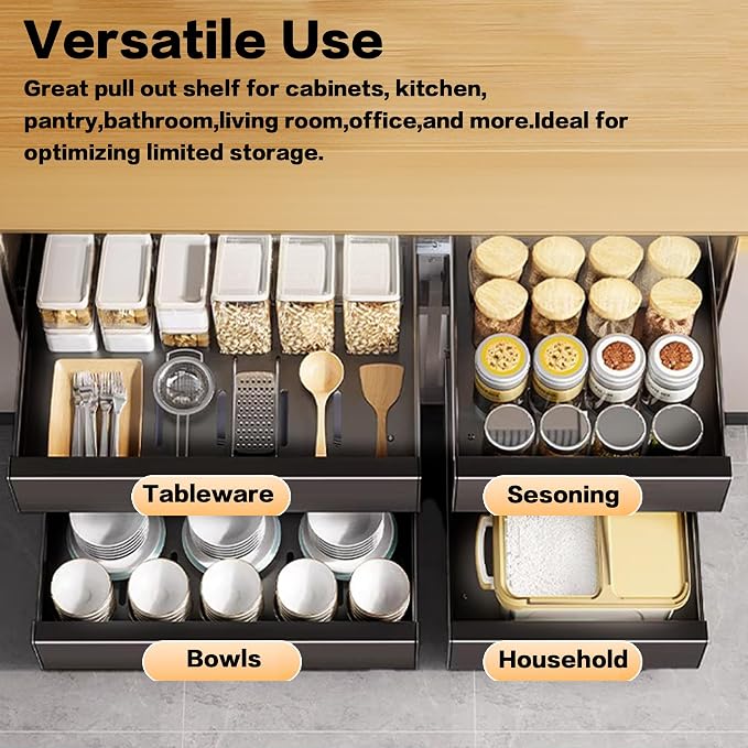 2 Pack Pull Out Drawers for Cabinets, 10" W x16.9" D Pull Out Cabinet Organizer Adhesive for Narrow Face Frame or Frameless Cabinets, Sturdy Pull Out Shelves for Kitchen,Pantry and Bathroom Vanity - Image 5