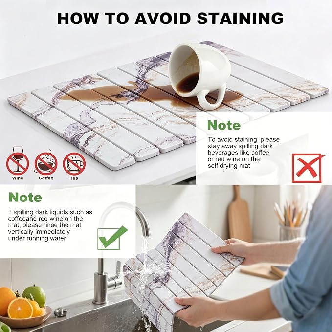 Stone Drying Mat for Kitchen Counter, Quick Diatomaceous Earth Mats for Dishes, 24"L x 16" W Super Absorbent Fast-Drying Collapsible Countertop Stone Mat (Marble White-06, 24" x 16") - Image 6