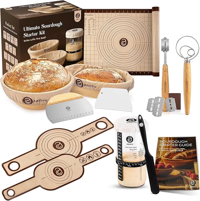 ABIOTO Sourdough Starter Kit with Bread Proofing Baskets & Tools, 24-Pieces | Complete Beginner Sourdough Bread Baking Supplies - Round & Oval Bannetons, Liners, Slings, Jar, Mat, Lame, Whisk, & Scrapers by ABIOTO