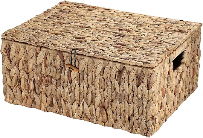 Hipiwe Handwoven Wicker Basket Natural Water Hyacinth Storage Bin with Lid | Decorative Shelf Basket with Handles for Closet Living Room Bathroom, 17.0" L x 13.2" W x 7.0" H by Hipiwe