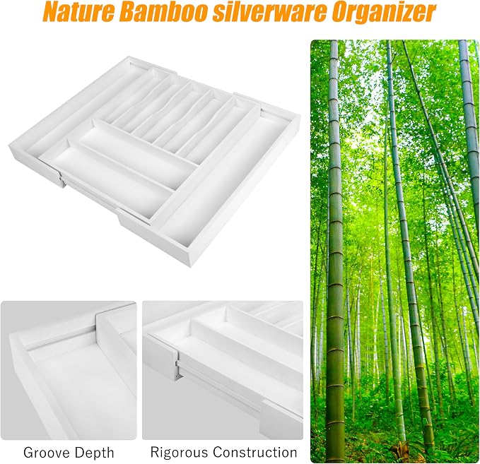 Large Premium Bamboo Silverware Organizer - Expandable Utensil Drawer Organizer - 17"x19.6" Utensil Holder and Cutlery Tray with Grooved for Kitchen Flatware and Utensils(7-9 Slot, White) - Image 4
