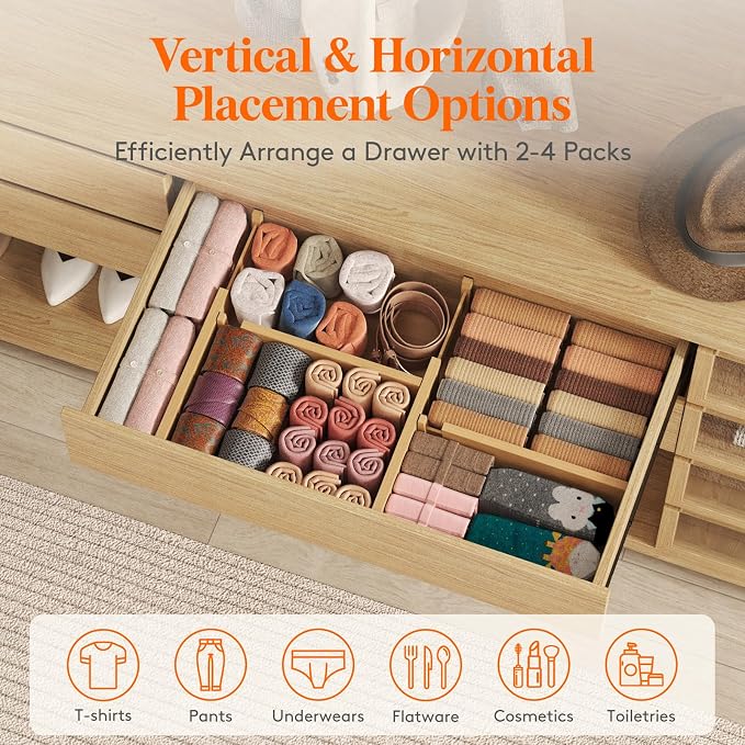 Lifewit 4" High 4 Pack Bamboo Drawer Dividers 31-40cm/12-16 Adjustable Wooden Drawer Organizer for Clothes/Utensils, Expandable Drawer Separator for Dresser/Kitchen/Bedroom/Office Organization - Image 4