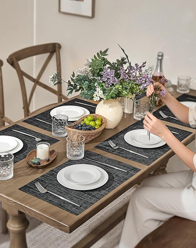 Leetaltree Black and Grey Woven Placemats Set of 4 - Heat Resistant Non-Slip Place mats for Dining Table, Washable Durable PVC Vinyl Woven Table Mats(Black & Grey, 4) - Image 3