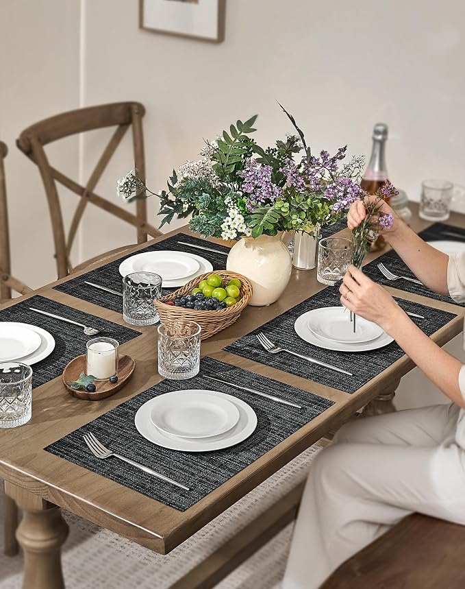 Leetaltree Black and Grey Woven Placemats Set of 6 - Heat Resistant Non-Slip Place mats for Dining Table, Washable Durable PVC Vinyl Woven Table Mats(Black & Grey, 6) - Image 3