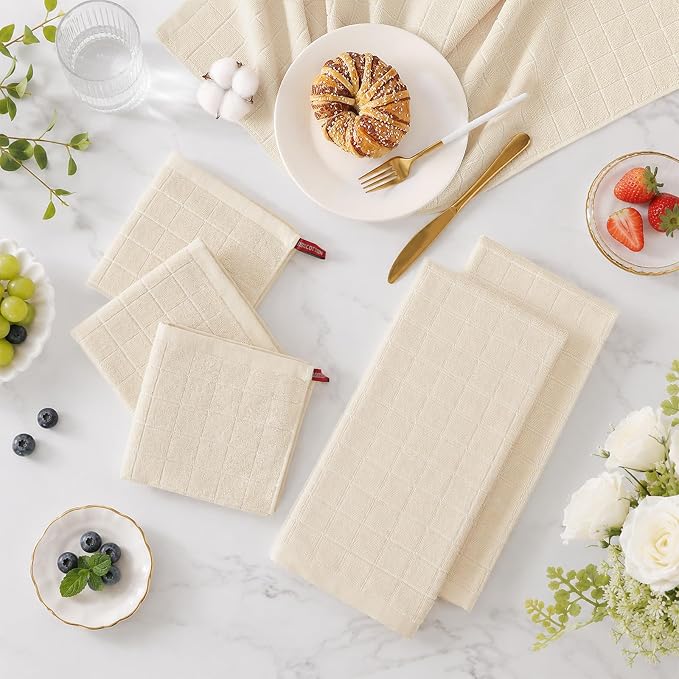 Kitinjoy 100% Cotton Terry Kitchen Dish Cloths, 12”x 12”, 8-Pack, Beige | Ultra Soft and Absorbent Dish Towels for Kitchen, Suitable for Drying and Washing Dishes - Image 3