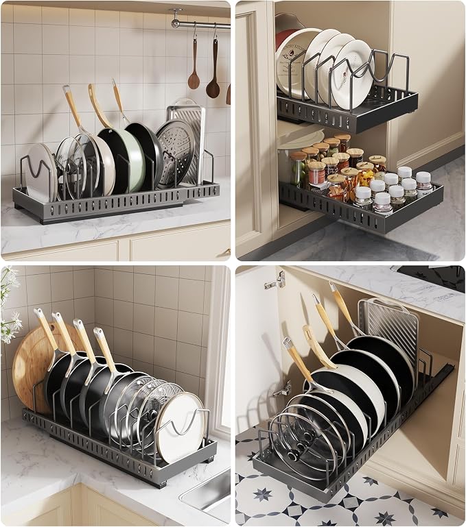 Pull Out Pots and Pans Organizer Under Cabinet, Expandable Sliding Lid Holder and Pan Rack for Kitchen, Slide Out inside Cabinet for Pot Lid, Bakeware, Dishes, 10 Adjustable Dividers, 1 Pack Black - Image 7
