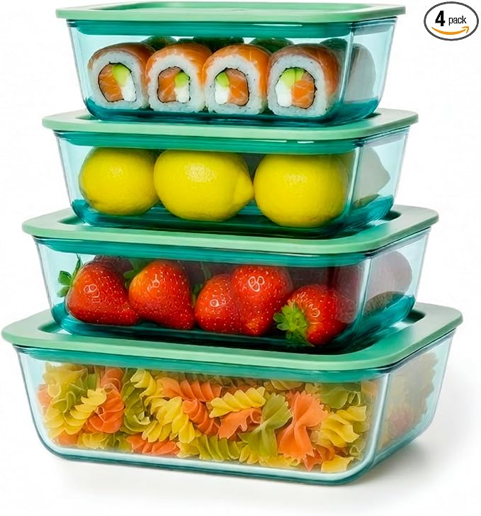 Crispa 8-Piece Teal Square Glass Food Storage Containers with Silicone Glass Lids – 100% Plastic-Free (2x 40oz, 2x 20oz) – Leakproof, Airtight, Freezer, Microwave and Dishwasher Safe by Crispa