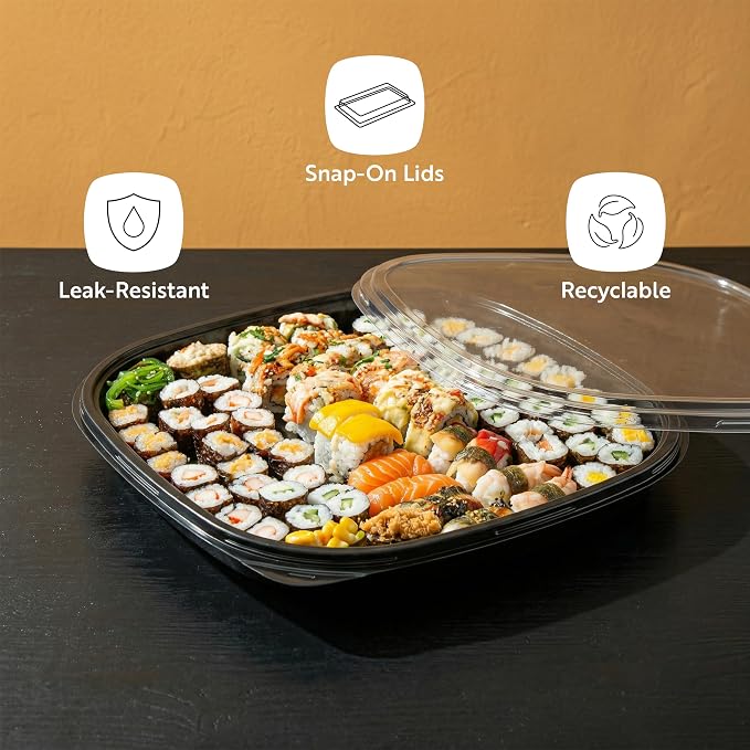 Restaurantware Plastic Sushi Trays 100 Pack of 13.5 x 13.5 x 1.77 Inch With Clear Lids Leak-Resistant Sushi Take Out Boxes Stackable Containers For Grab-And-Go - Image 4