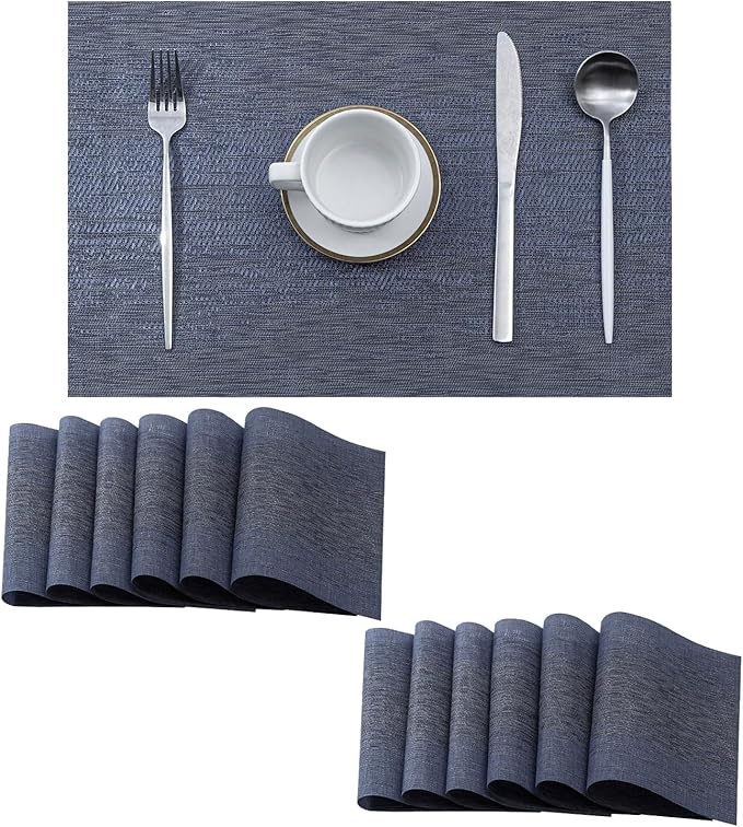 Leetaltree Denim Blue Placemats Set of 12 - Heat Resistant Non-Slip Place mats for Dining Table, Washable Durable PVC Vinyl Woven Table Mats（Denim Blue, 12） by Leetaltree-ArtatEveryTable