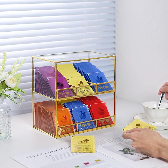 REDHUGO Glass Tea Bag Organizer for Counter, 2-Tier Teabag Organizer Storage Holder for Tea Bags, Glass Caddy Box Containers, Rack Teabag Station Stand for Cabinet Kitchen, 2-Tier, Gold - Image 6